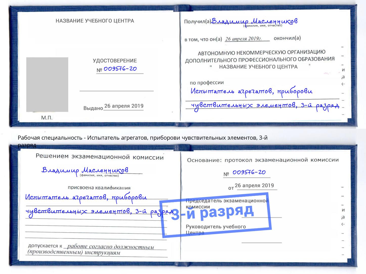 корочка 3-й разряд Испытатель агрегатов, приборови чувствительных элементов Кириши