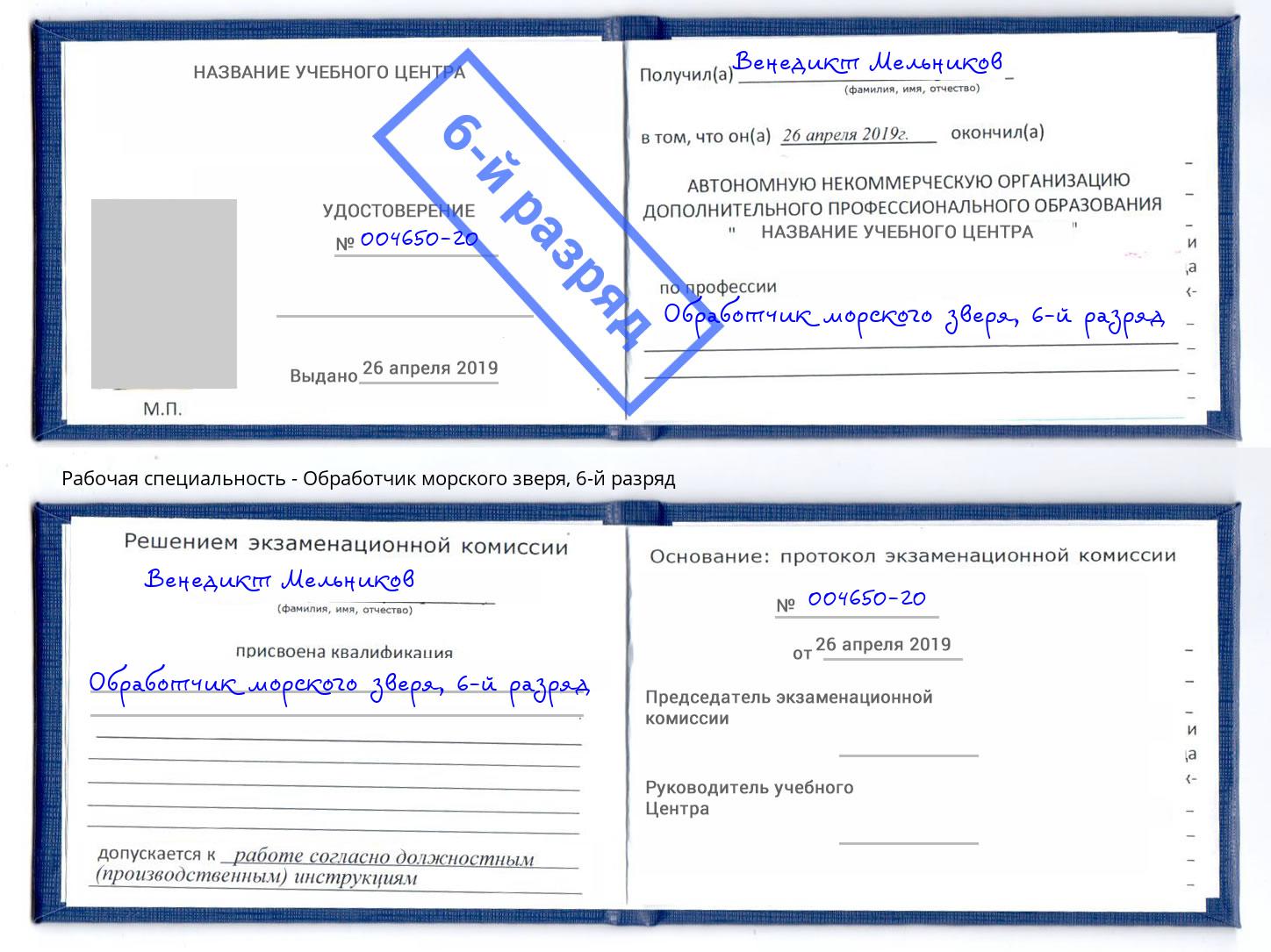 корочка 6-й разряд Обработчик морского зверя Кириши