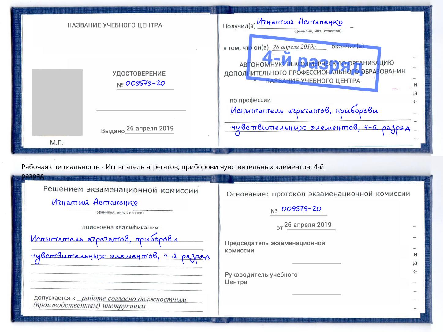 корочка 4-й разряд Испытатель агрегатов, приборови чувствительных элементов Кириши
