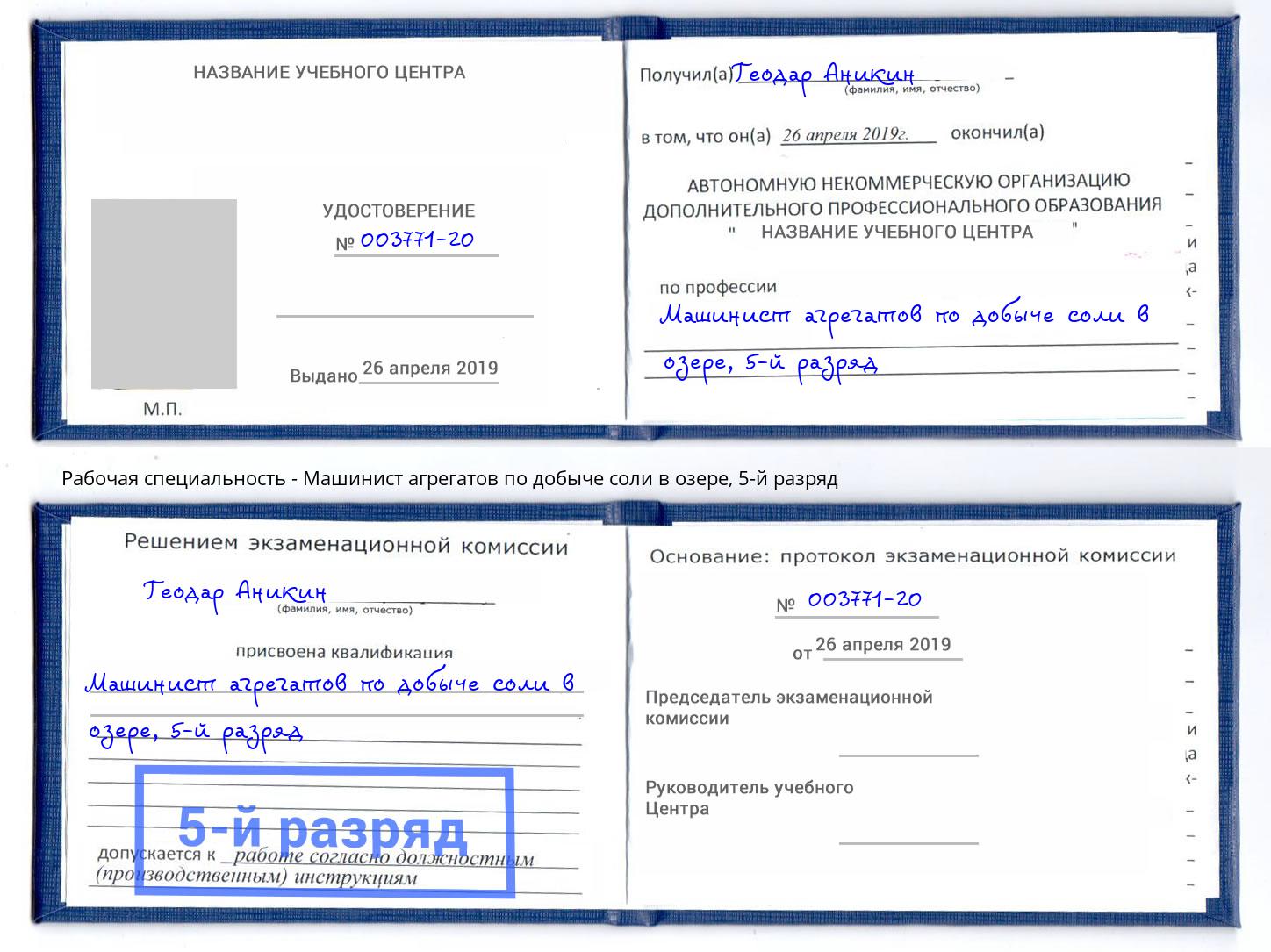 корочка 5-й разряд Машинист агрегатов по добыче соли в озере Кириши