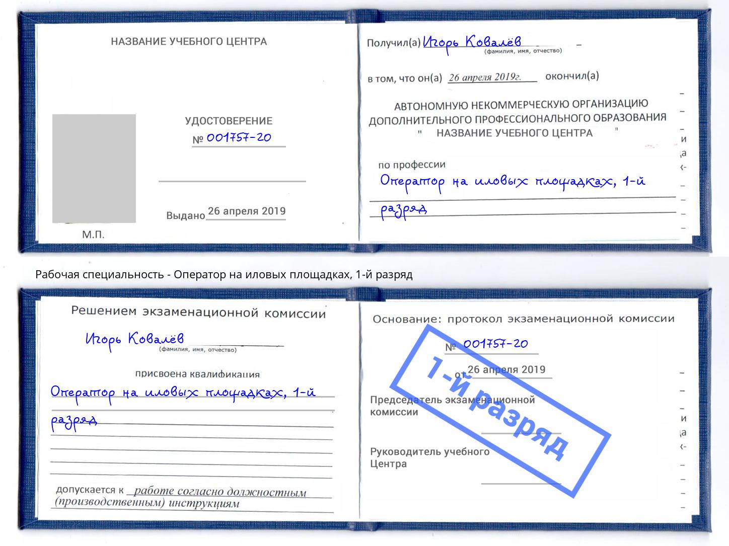 корочка 1-й разряд Оператор на иловых площадках Кириши