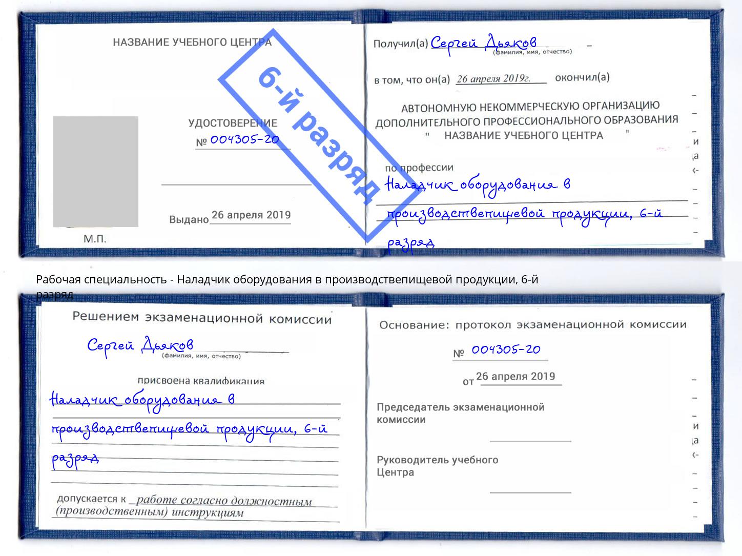 корочка 6-й разряд Наладчик оборудования в производствепищевой продукции Кириши