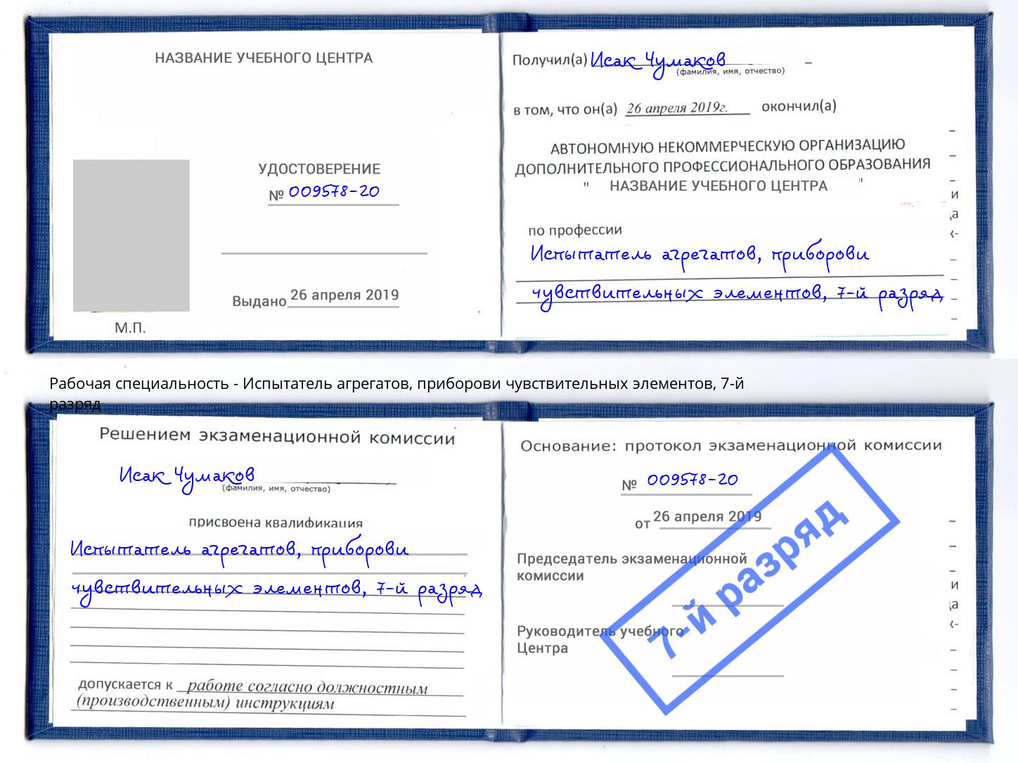 корочка 7-й разряд Испытатель агрегатов, приборови чувствительных элементов Кириши