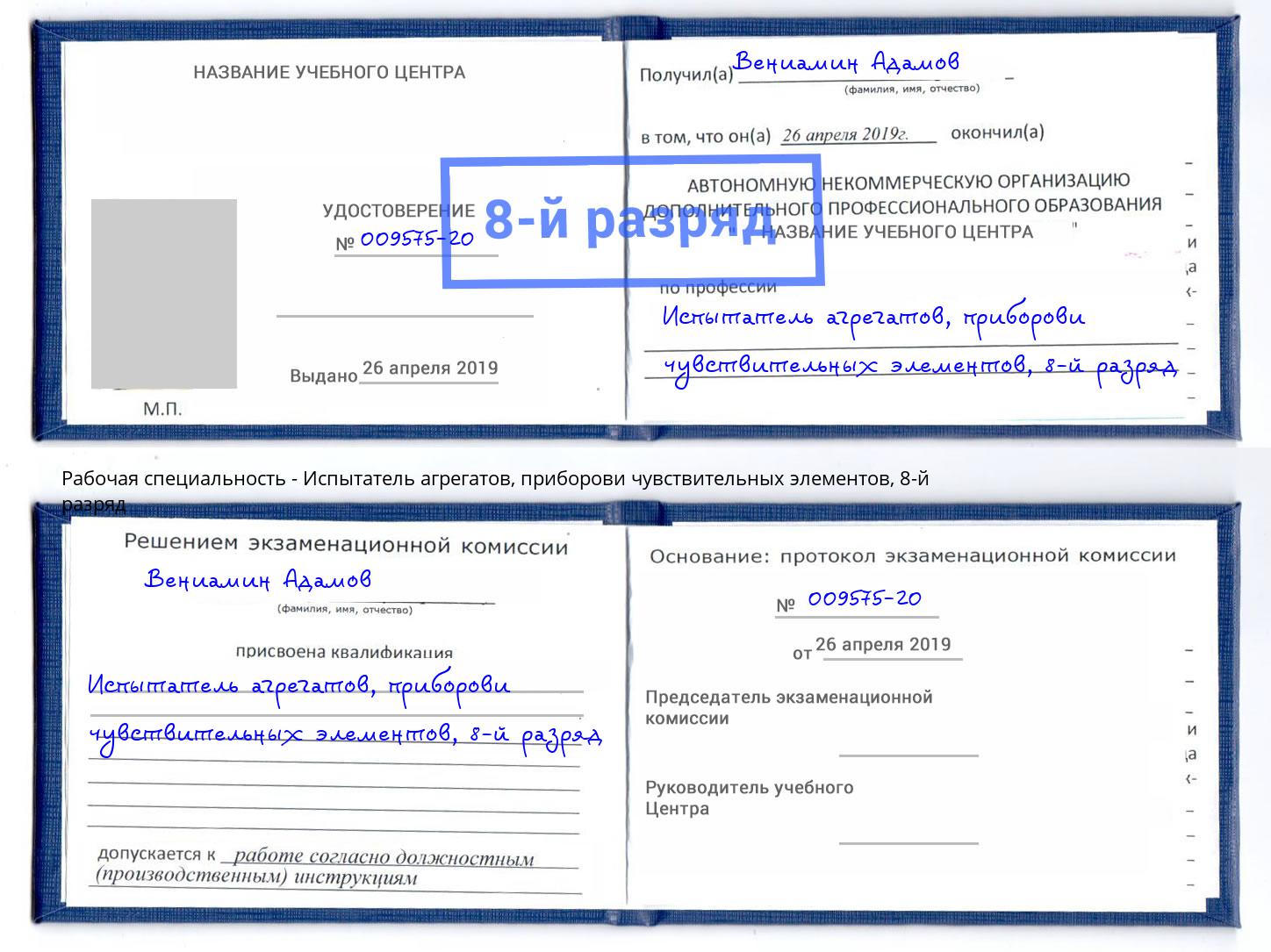 корочка 8-й разряд Испытатель агрегатов, приборови чувствительных элементов Кириши